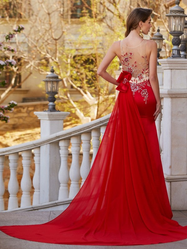 Vestidos de satén con apliques y cola de corte trompeta/sirena, sin mangas y cuello transparente